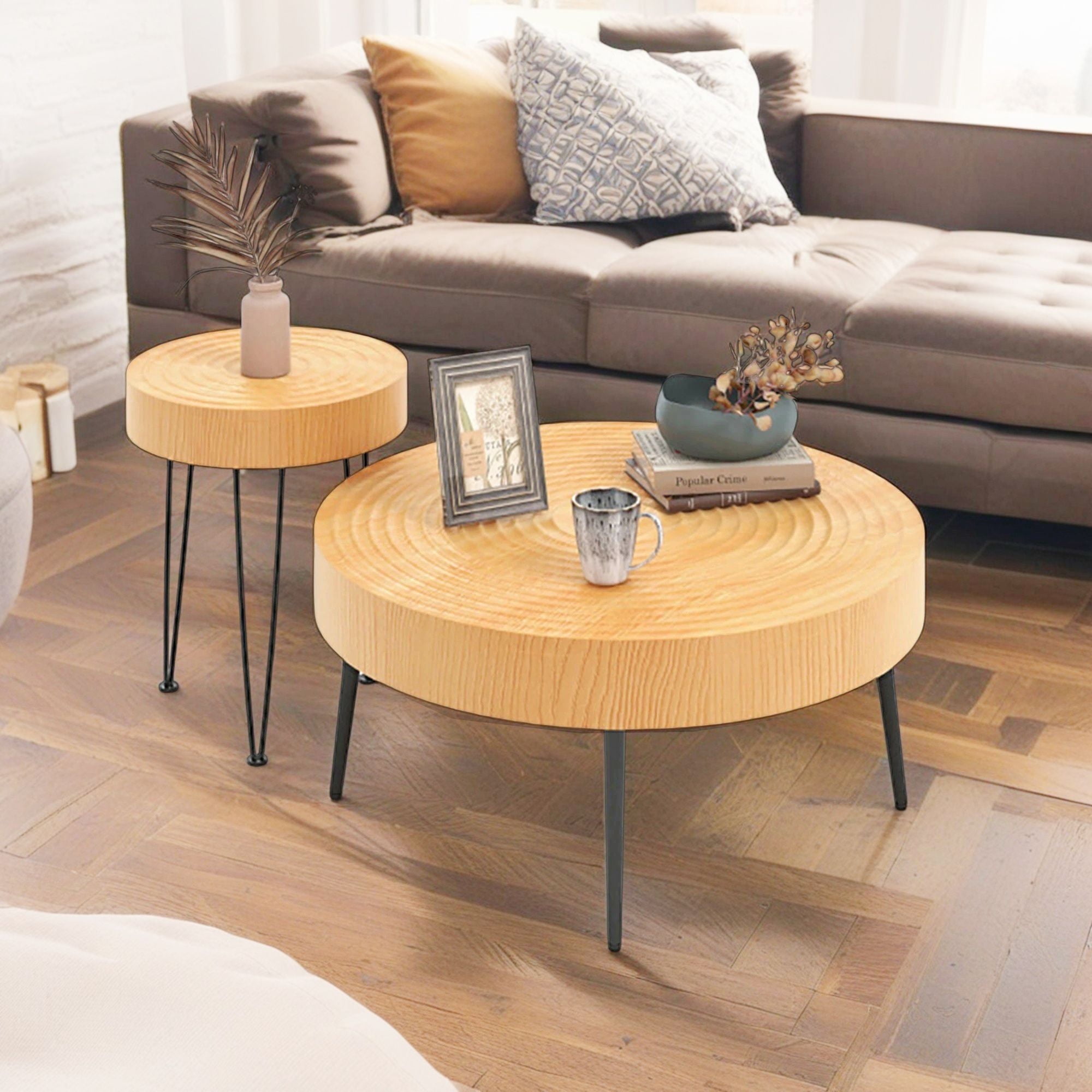 Demi Bonn Set of 2 Solid Wood Coffee Table with Metal Legs, Farmhouse Round End Tables with Ring Pattern for Living Room, Reception Room, Natural