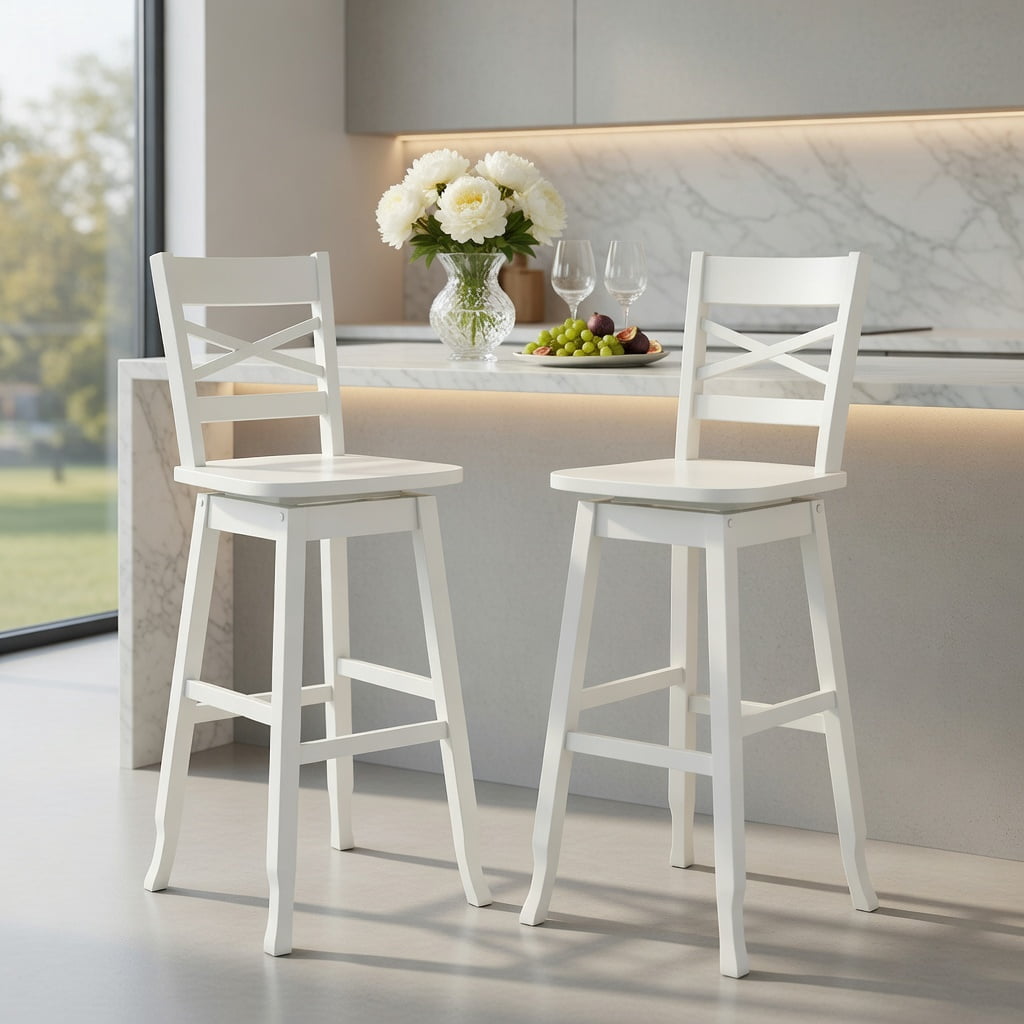 Demi Bonn Set of 2 Swivel Counter 30" Height Bar Stool withclined Backrest, Modern Kitchen Dining Chair, White