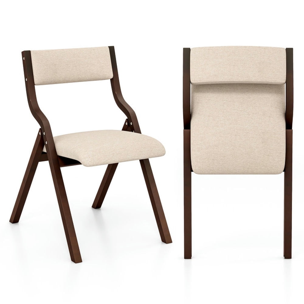 Demi Bonn Set of 2 Wooden Folding Dining Chair with Linen Fabric Padded Seat and Backrest, Brown