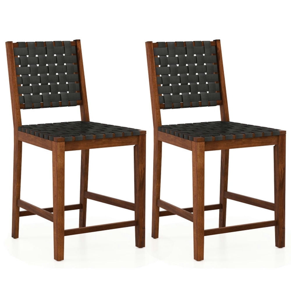 Demi Bonn Set of 2 Woven Bar Stools with Faux PU Leather Straps, Modern Dining Chair with Backrests, Black