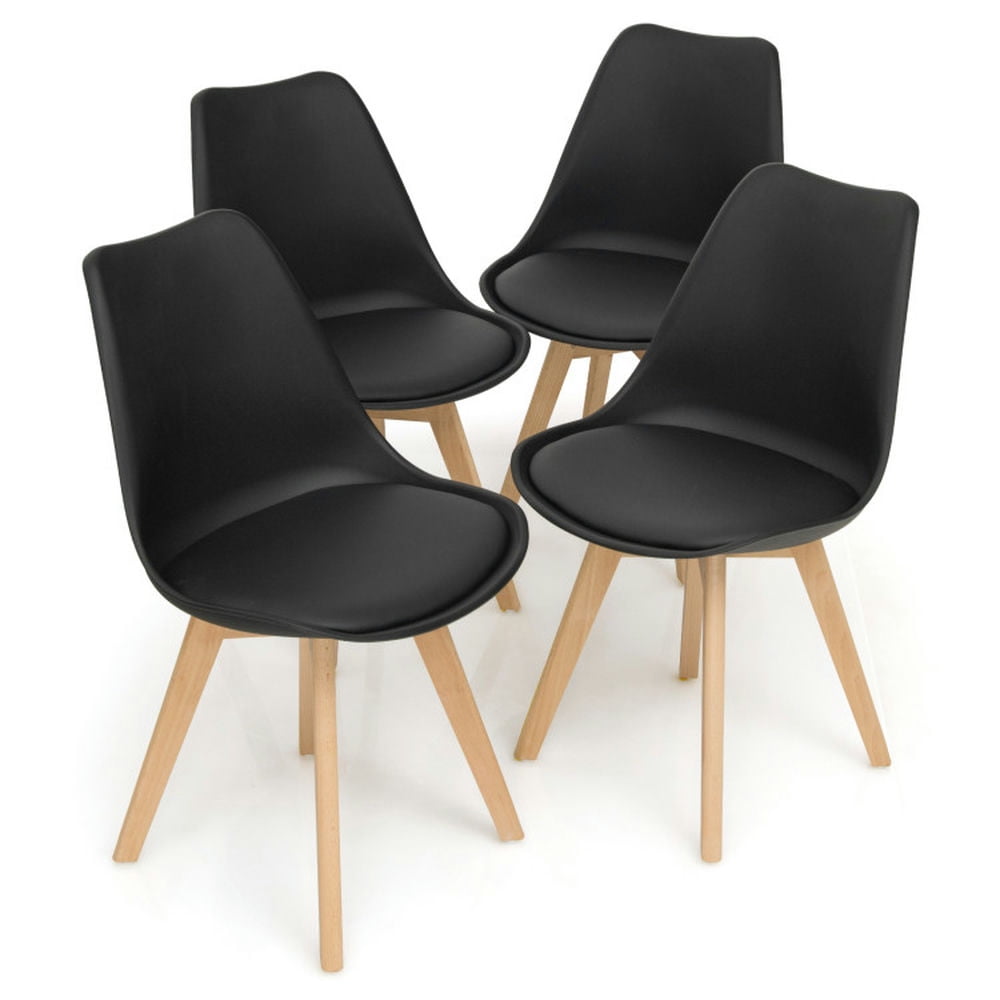Finihen Set of 4 Dining Chairs Mid-Century Modern Shell PU Seat with Wooden Legs, Black Finihen Set of 4 Dining Chairs Mid-Century Modern Shell PU Seat with Wooden Legs, Black