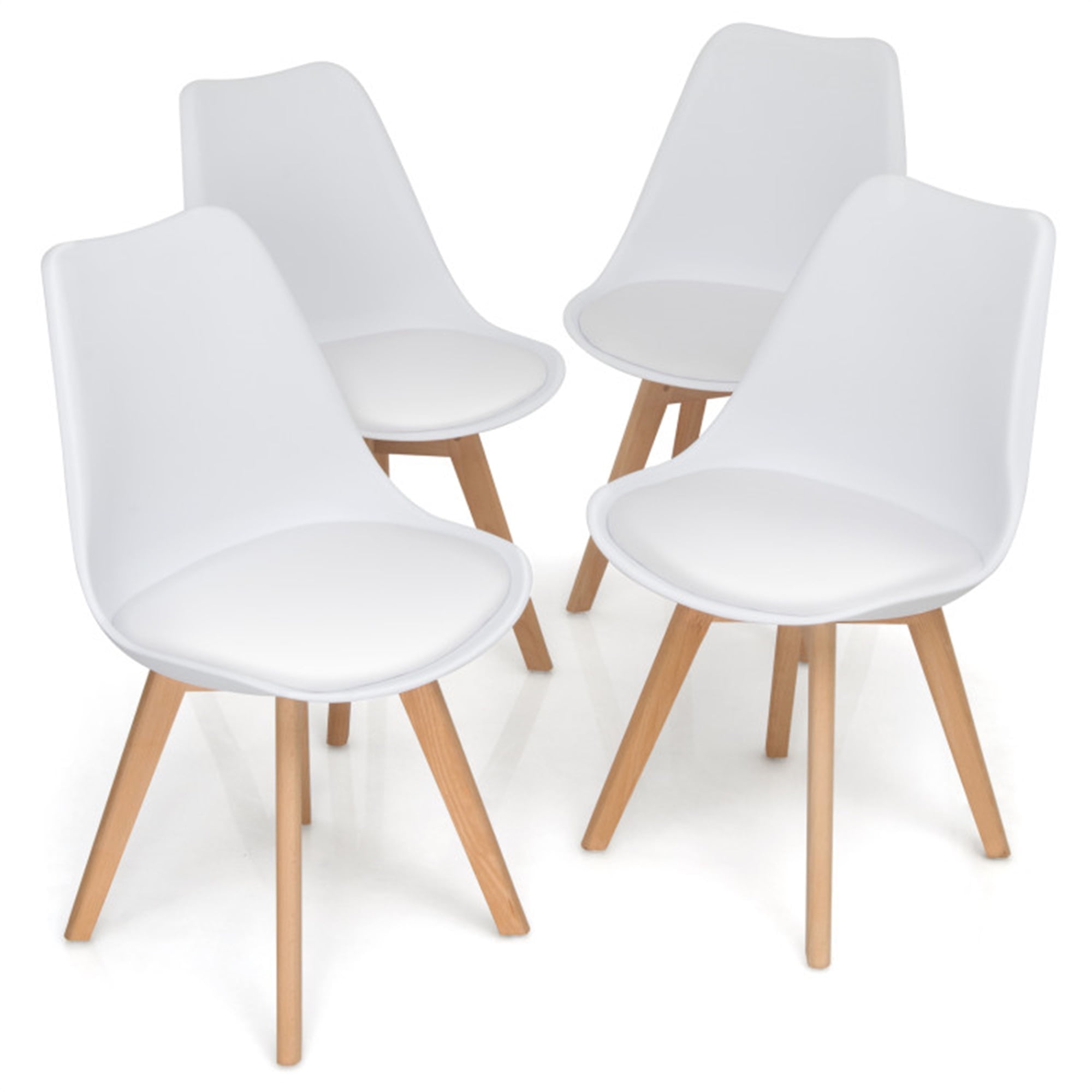Demi Bonn Set of 4 Dining Chairs Mid-Century Modern Shell PU Seat with Wooden Legs, White
