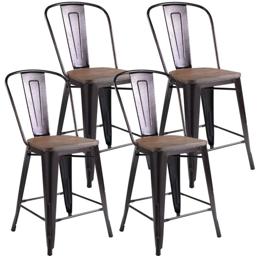 Finihen Set of 4 Industrial Metal Counter Bar Stool Dining Chairs with Removable Backrests, Brown Finihen Set of 4 Industrial Metal Counter Bar Stool Dining Chairs with Removable Backrests, Brown