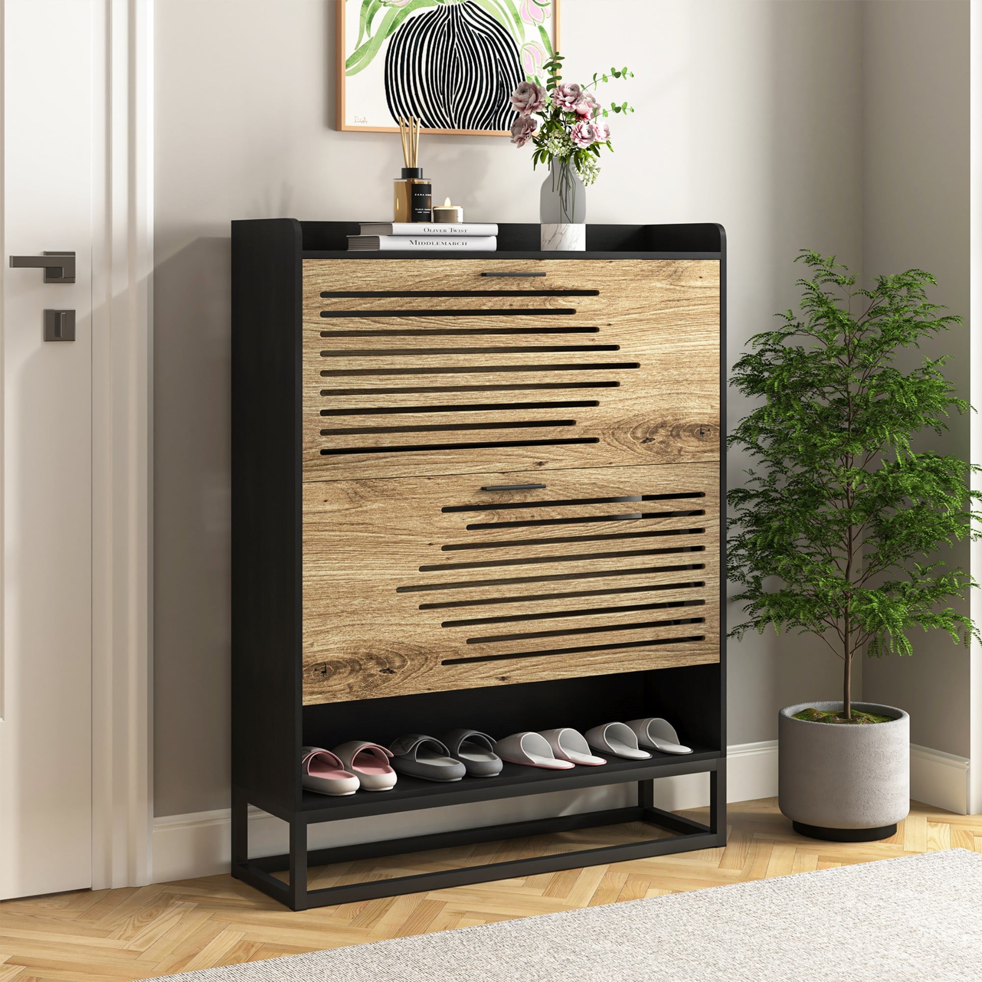 Finihen Shoe Cabinet, 2-Tier Shoe Storage Cabinet with Flip Doors, Vintage Entryway Shoe Organizer Rack with Open Shelves for Narrow Closet, Living Room, Black Finihen Shoe Cabinet, 2-Tier Shoe Storage Cabinet with Flip Doors, Vintage Entryway Shoe Organizer Rack with Open Shelves for Narrow Closet, Living Room, Black