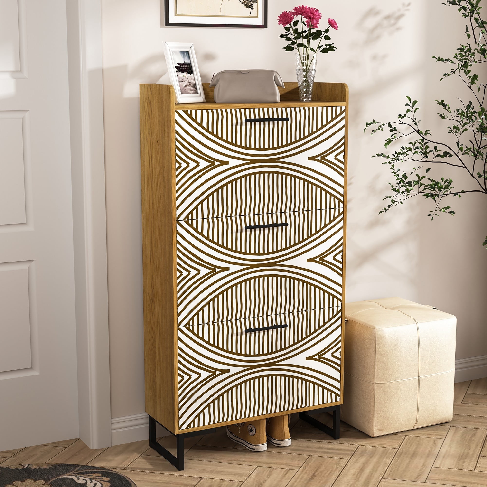 Demi Bonn Shoe Cabinet, Free Standing Tipping Bucket Shoe Rack Organizer with 3 Flip Drawers, Slim Hidden Entryway Narrow Shoe Storage, Beige