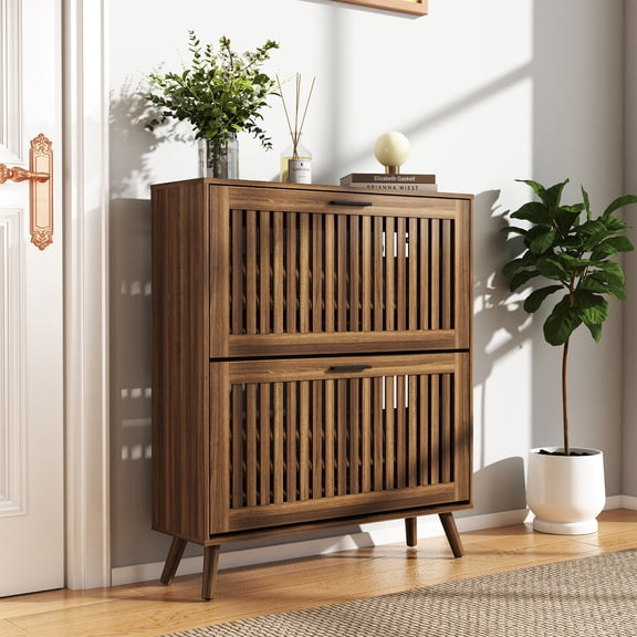 Demi Bonn 31" Shoe Cabinet Storage with 2 Flip Drawers, Wood Legs for Entryway, Freestanding Storage Racks Hidden Narrow Shoe Organizers, Walnut