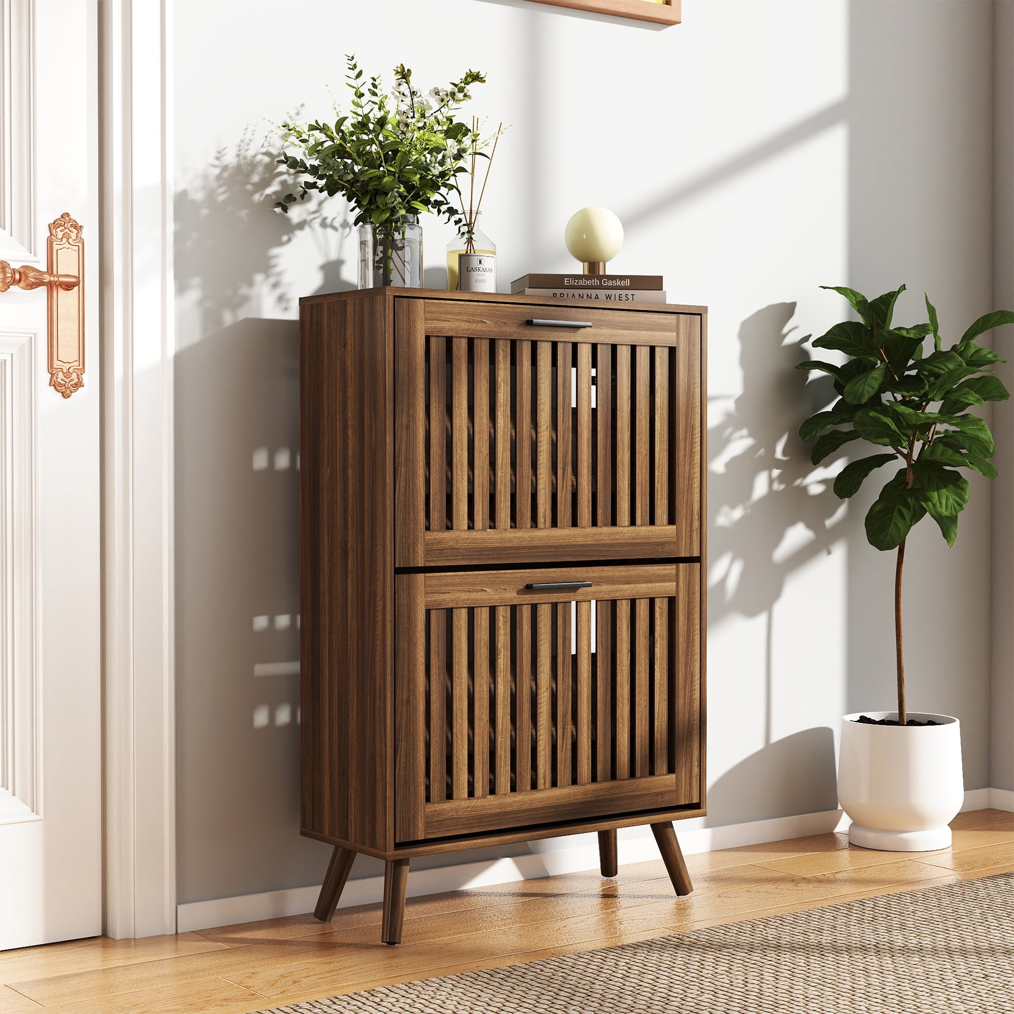 Demi Bonn 23" Shoe Cabinet Storage with 2 Flip Drawers, Wood Legs for Entryway, Freestanding Storage Racks Hidden Narrow Shoe Organizers, Walnut