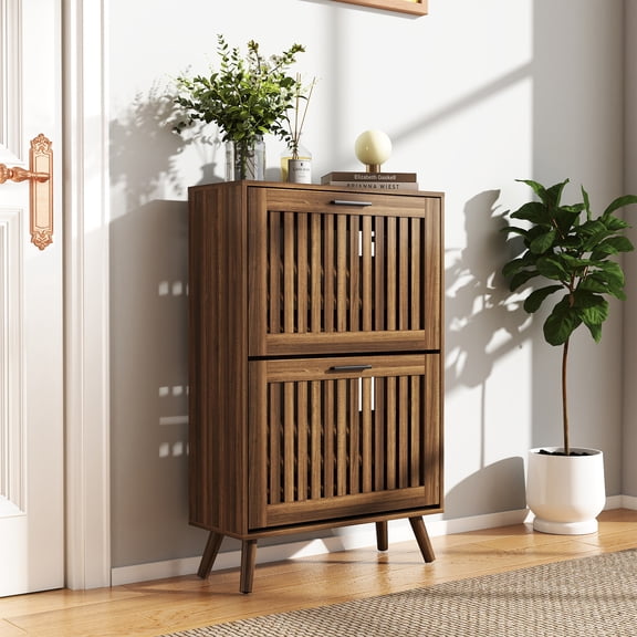 Demi Bonn 23" Shoe Cabinet Storage with 2 Flip Drawers, Wood Legs for Entryway, Freestanding Storage Racks Hidden Narrow Shoe Organizers, Walnut