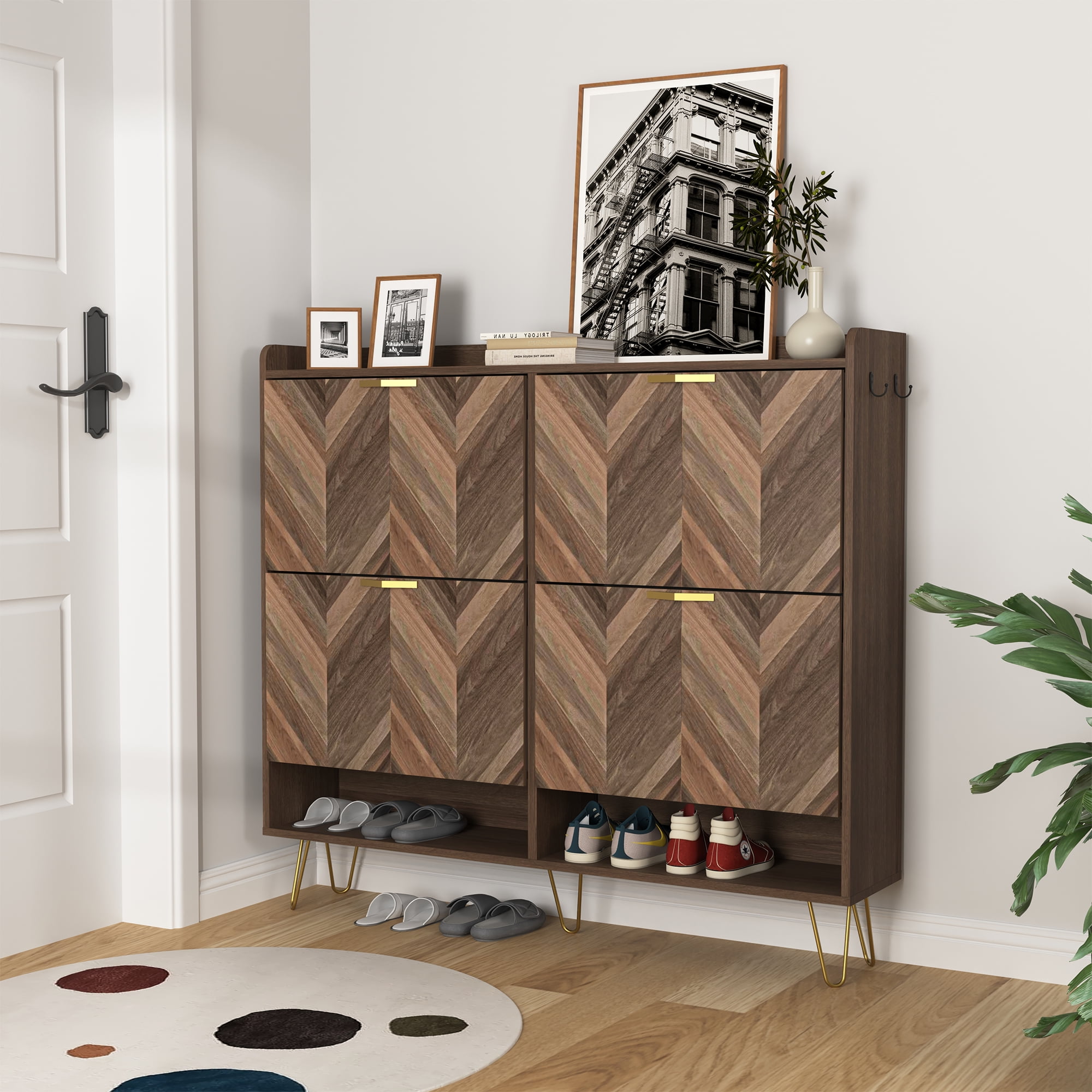 Finihen Shoe Cabinet, Large Shoe Storage Organizer Cabinet with 4 Flip Drawers, Freestanding Narrow Shoe Rack with Adjustable Shelf for Entryway, Brown Finihen Shoe Cabinet, Large Shoe Storage Organizer Cabinet with 4 Flip Drawers, Freestanding Narrow Shoe Rack with Adjustable Shelf for Entryway, Brown