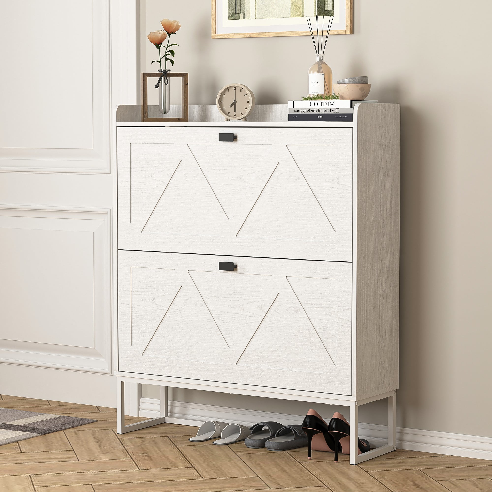 Finihen Shoe Storage Cabinet with 2 Flip Drawers, Freestanding Organizer with Metal Legs for Entryway, Narrow Shoe Rack Cabinet, White