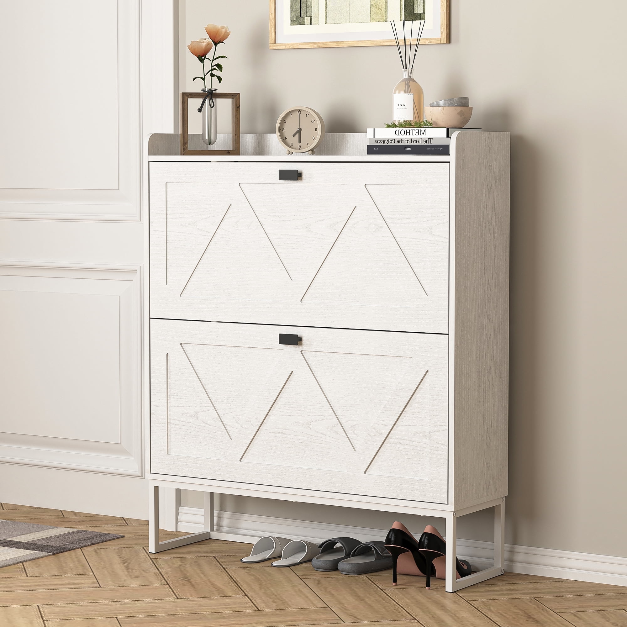Demi Bonn Shoe Storage Cabinet with 2 Flip Drawers, Freestanding Organizer with Metal Legs for Entryway, Narrow Shoe Rack Cabinet, White