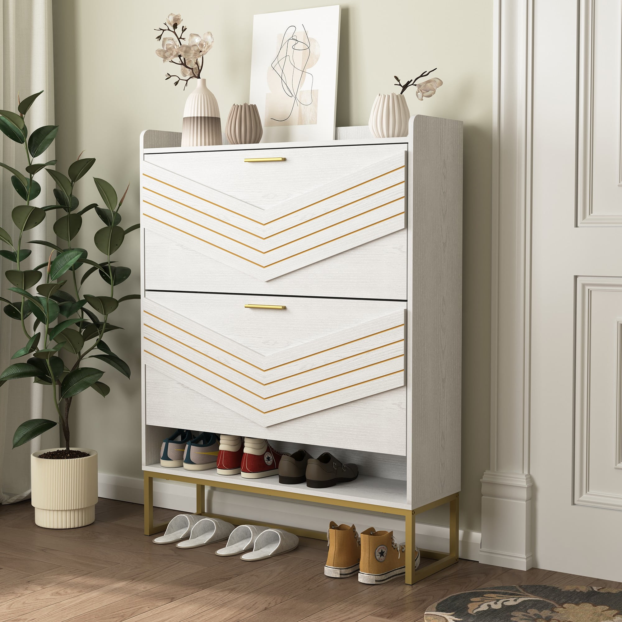 Finihen Shoe Storage Cabinet with 2 Flip Drawers for Entryway, Freestanding Storage Racks Hidden Narrow Shoe Organizers with Metal Legs, White Finihen Shoe Storage Cabinet with 2 Flip Drawers for Entryway, Freestanding Storage Racks Hidden Narrow Shoe Organizers with Metal Legs, White