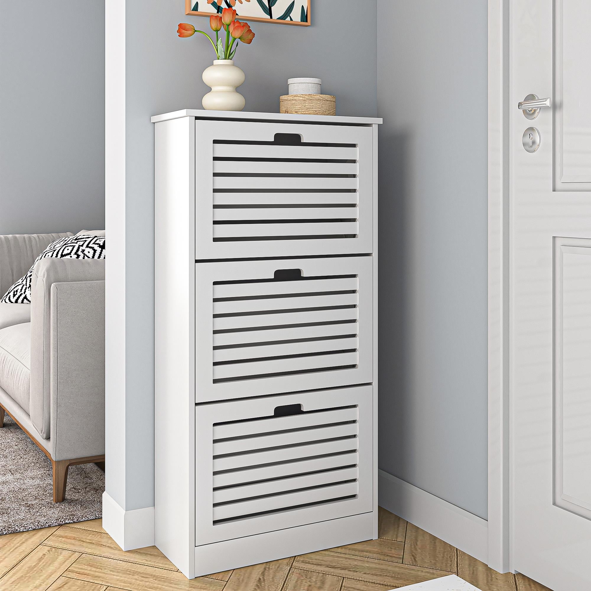 Demi Bonn Shoe Storage Cabinet with 3 Flip Drawers, Shoe Cabinet Storage for Entryway, Hidden Narrow Slim Free Standing Shoe Rack Organizer, White