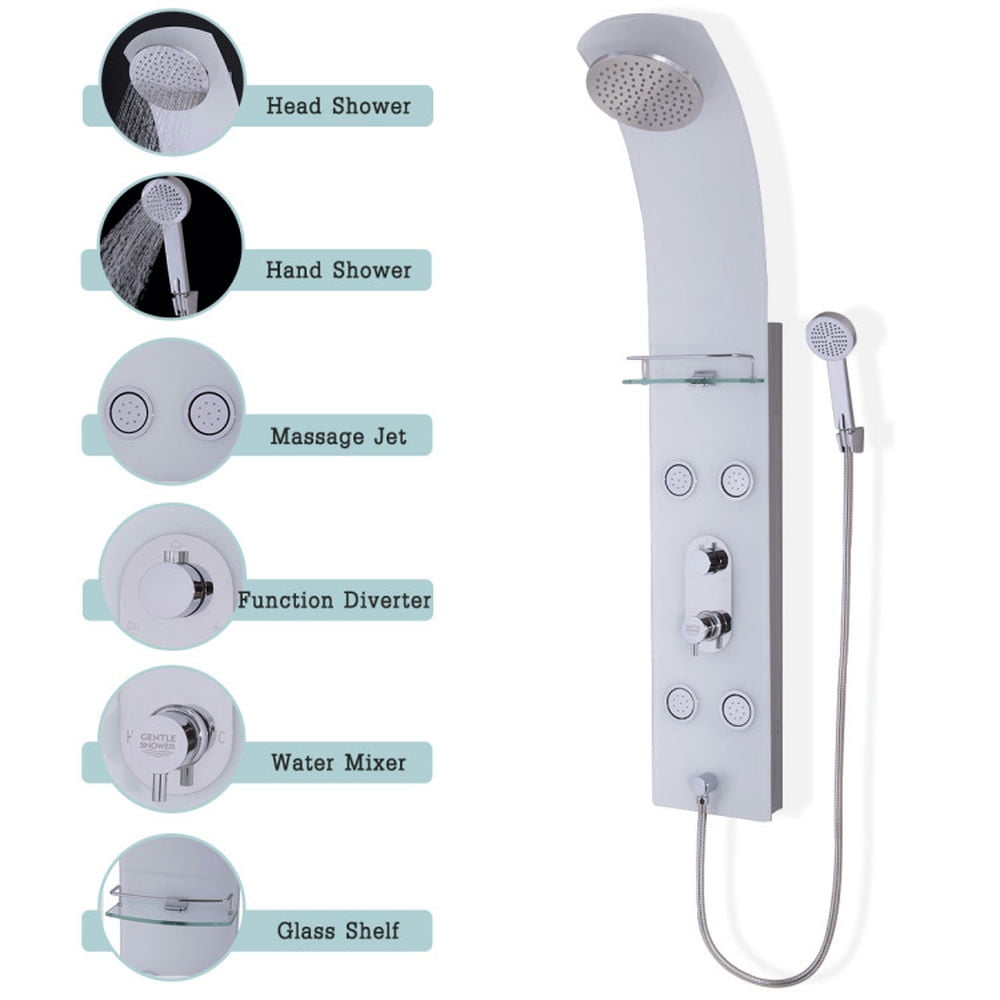 Finihen Shower Panel, Shower Panel Tower System, 55 Inch Tempered Glass Shower Panel with Massage Jets Hand Shower, Silver Finihen Shower Panel, Shower Panel Tower System, 55 Inch Tempered Glass Shower Panel with Massage Jets Hand Shower, Silver
