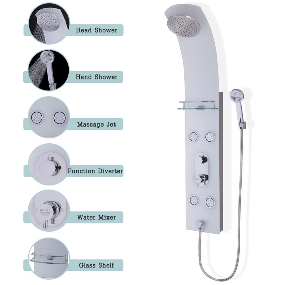 Demi Bonn Shower Panel, Shower Panel Tower System, 55 Inch Tempered Glass Shower Panel with Massage Jets Hand Shower, Silver