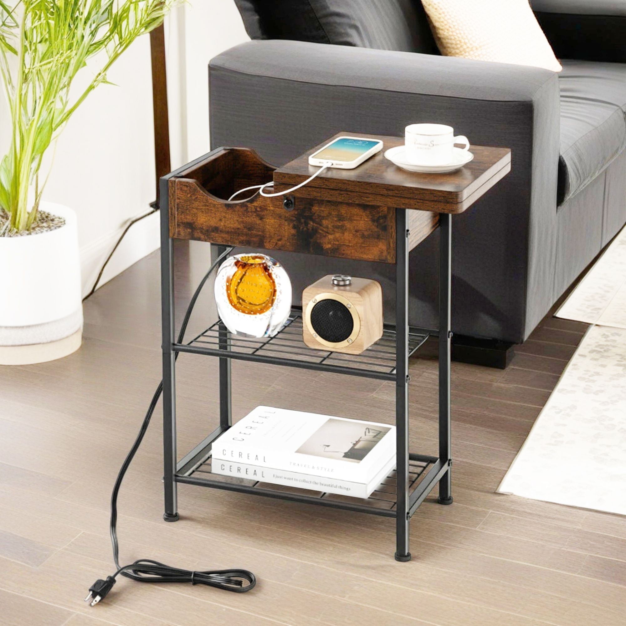 Demi Bonn Side End Table with Charging Station Flip-Up Top, Sofa Side Table, Bed Side Table, for Living Room, Bedroom, Rustic Brown