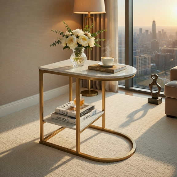 Demi Bonn Side Table, C-shaped Side Table with Faux Marble Tabletop and Golden Steel Frame, Sofa Side Table, Bed Side Table, for Living Room, Bedroom, White
