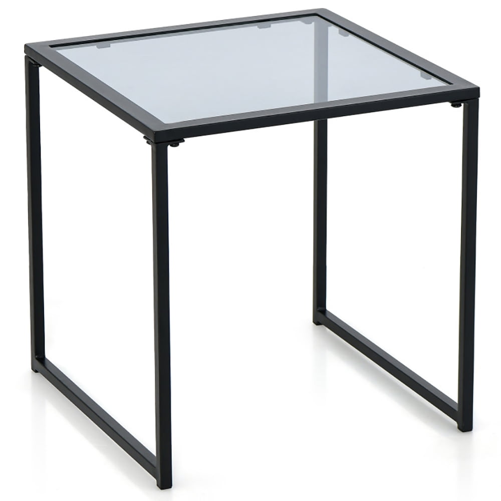 Finihen Side Table, Glass Side Table, Tempered Glass Side Table with Metal Frame, for Indoor and Outdoor, Black