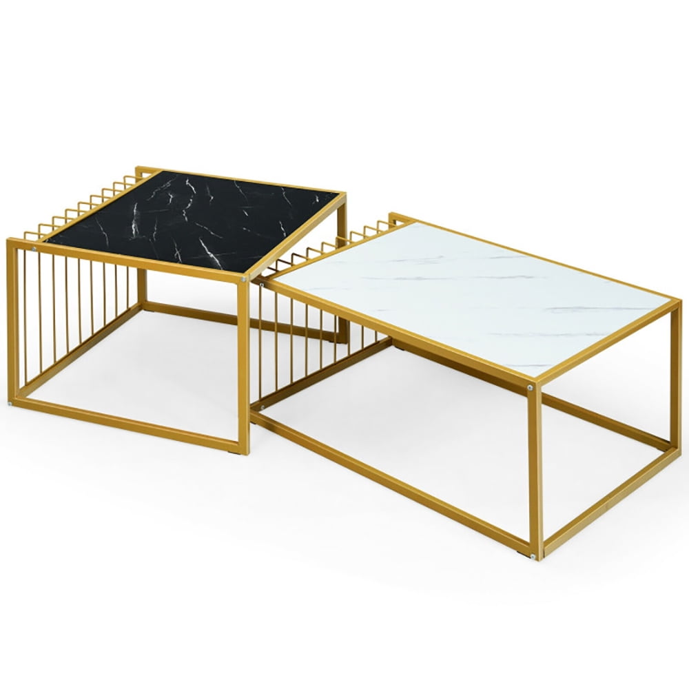 Finihen Side Table, Rectangular Coffee Table, Set of 2 Modern Stackable 31.5 Inch Side Table with Waterproof Faux Marble Tabletop, for Living Room, Black & White