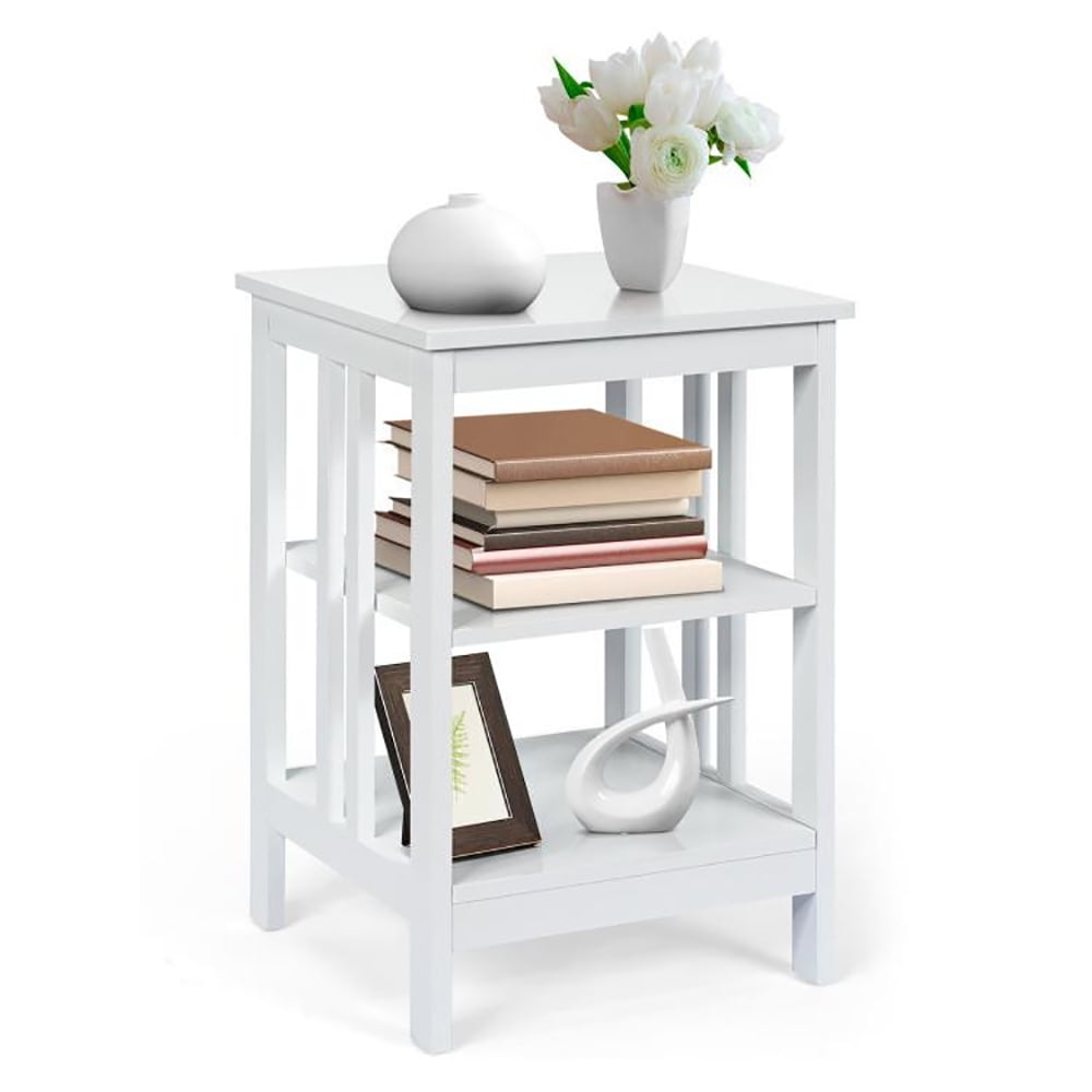 Finihen Side Table, Sofa Side Table, Bed Side Table, 3-Tier Nightstand Sofa Side Table with Baffles and Round Corners, for Living Room, Bedroom, White