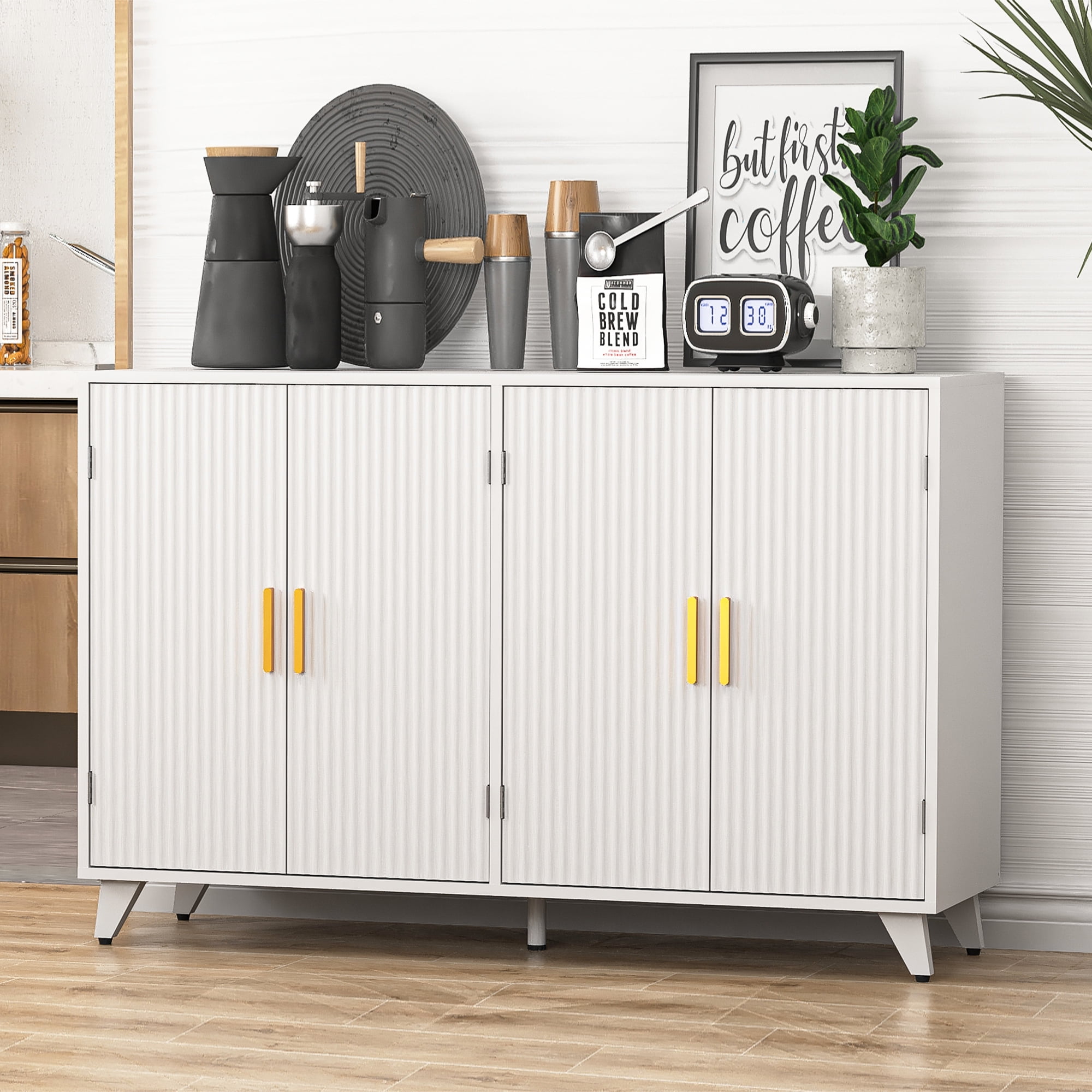Finihen Sideboard Buffet Cabinet, Storage Cabinet with 4 Doors, for Dining Room, Living Room, Hallway, Entryway, White