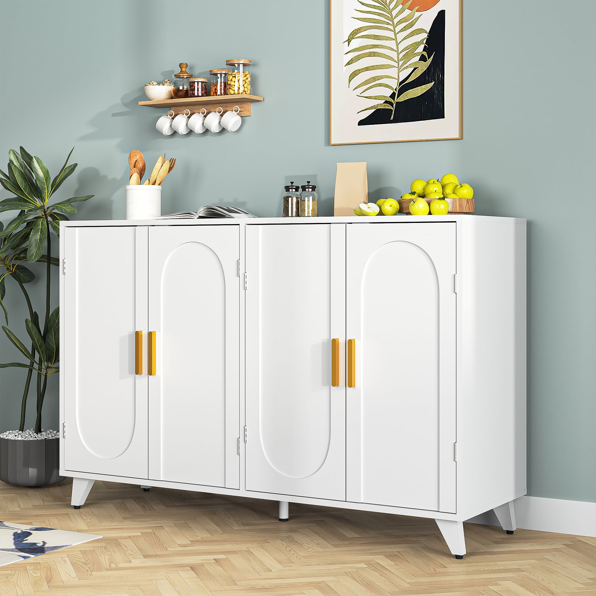 Finihen Sideboard Buffet Cabinet with 4 Doors, Removable Shelves, for Living room, Dining room, Entryway, White