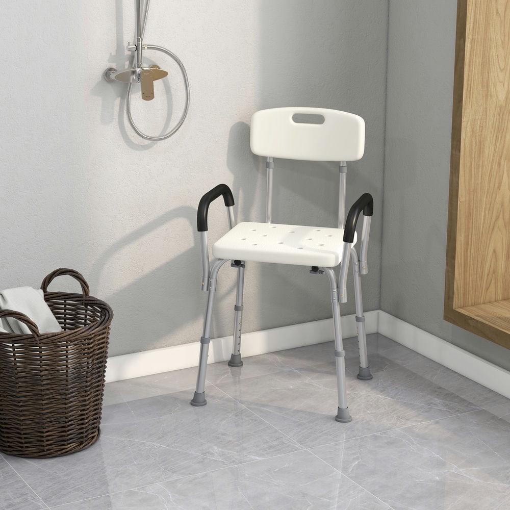 Finihen Slip Resistant Shower Chair Seat with Padded Armrests and Back, Adjustable Height Heavy Duty Shower Seat for Bathtub, Inside Shower, White
