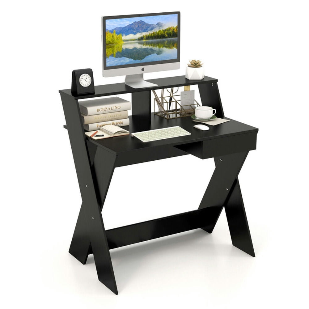 Finihen Small Computer Desk with Storage Drawer, Home Office Desk Study Writing Table, Black
