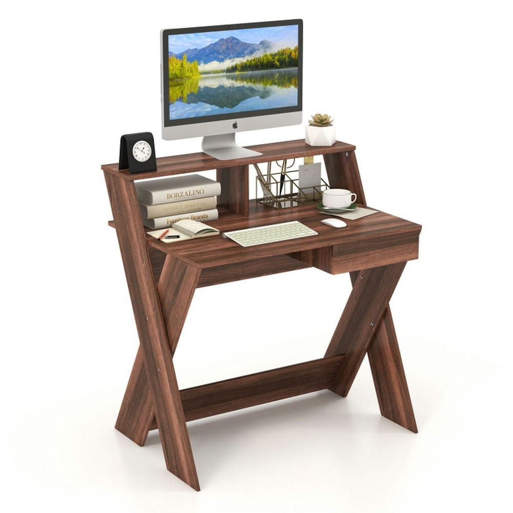 Finihen Small Computer Desk with Storage Drawer, Home Office Desk Study Writing Table, Brown