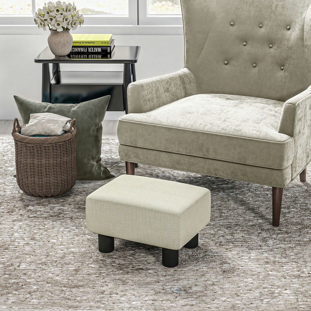 Finihen Small Foot Stool Ottoman 15.7" Footstool with Linen Fabric Upholstery and Plastic Legs Under Desk Footrest for Living Room Bedroom and Office, Beige