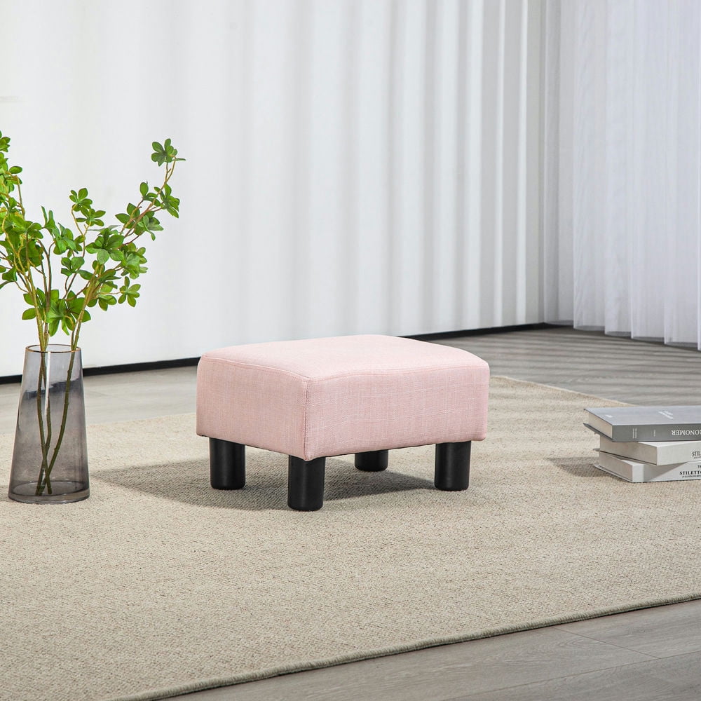 Finihen Small Foot Stool Ottoman 15.7" Footstool with Linen Fabric Upholstery and Plastic Legs Under Desk Footrest for Living Room Bedroom and Office, Pink
