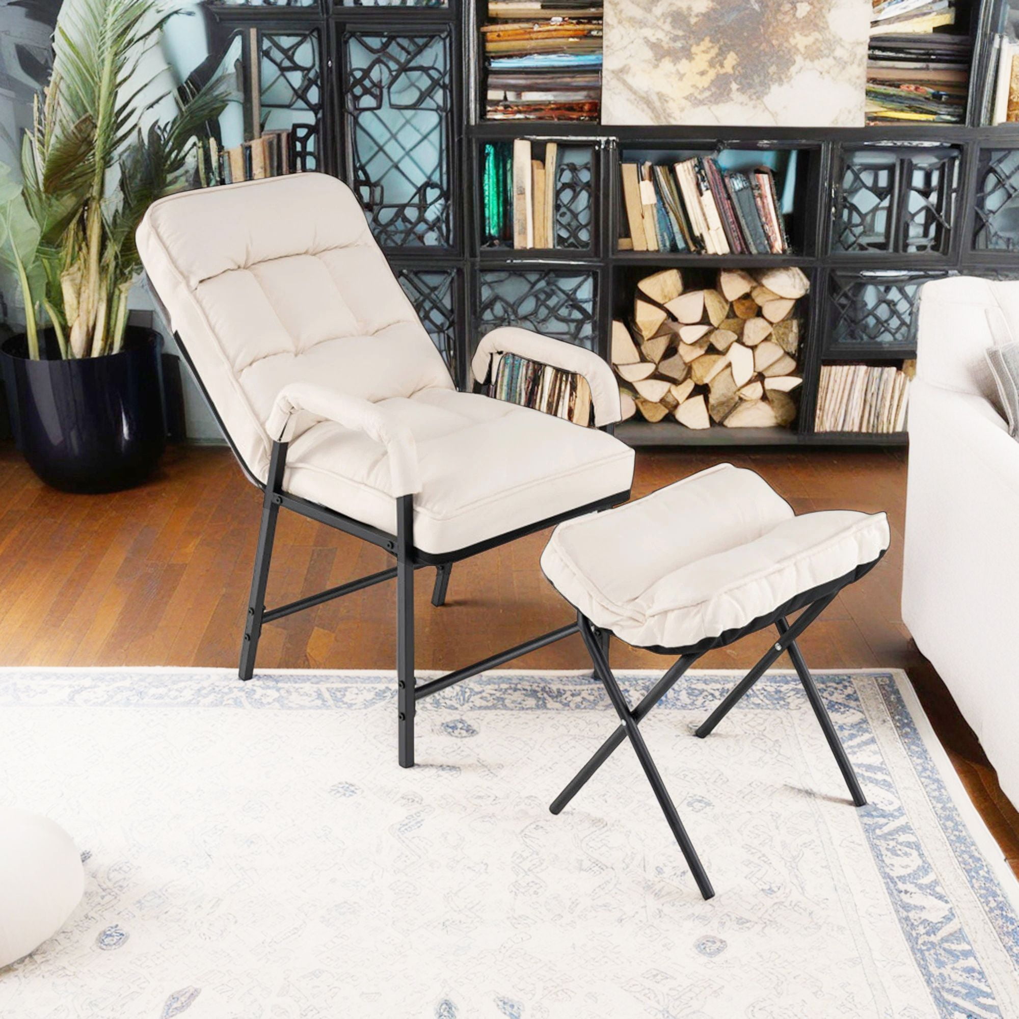 Demi Bonn Sofa Chair, Lounge Armchair Recliner, Linen Fabric Modern Accent Chair with Ottoman and Adjustable Backrest, for Living Room, Bedroom, Dorm, Beige