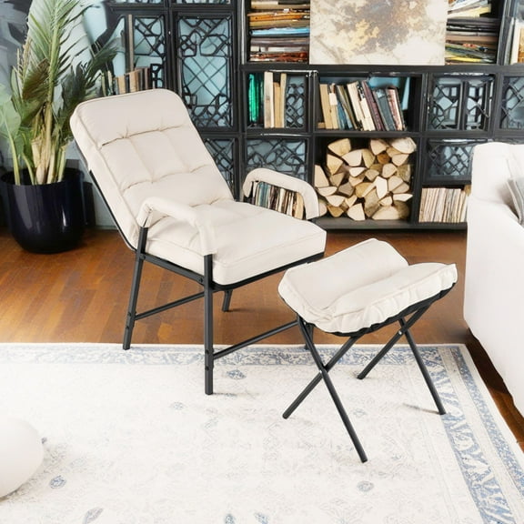 Demi Bonn Sofa Chair, Lounge Armchair Recliner, Linen Fabric Modern Accent Chair with Ottoman and Adjustable Backrest, for Living Room, Bedroom, Dorm, Beige