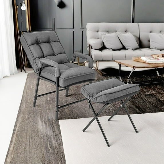 Demi Bonn Sofa Chair, Lounge Armchair Recliner, Linen Fabric Modern Accent Chair with Ottoman and Adjustable Backrest, for Living Room, Bedroom, Dorm, Gray
