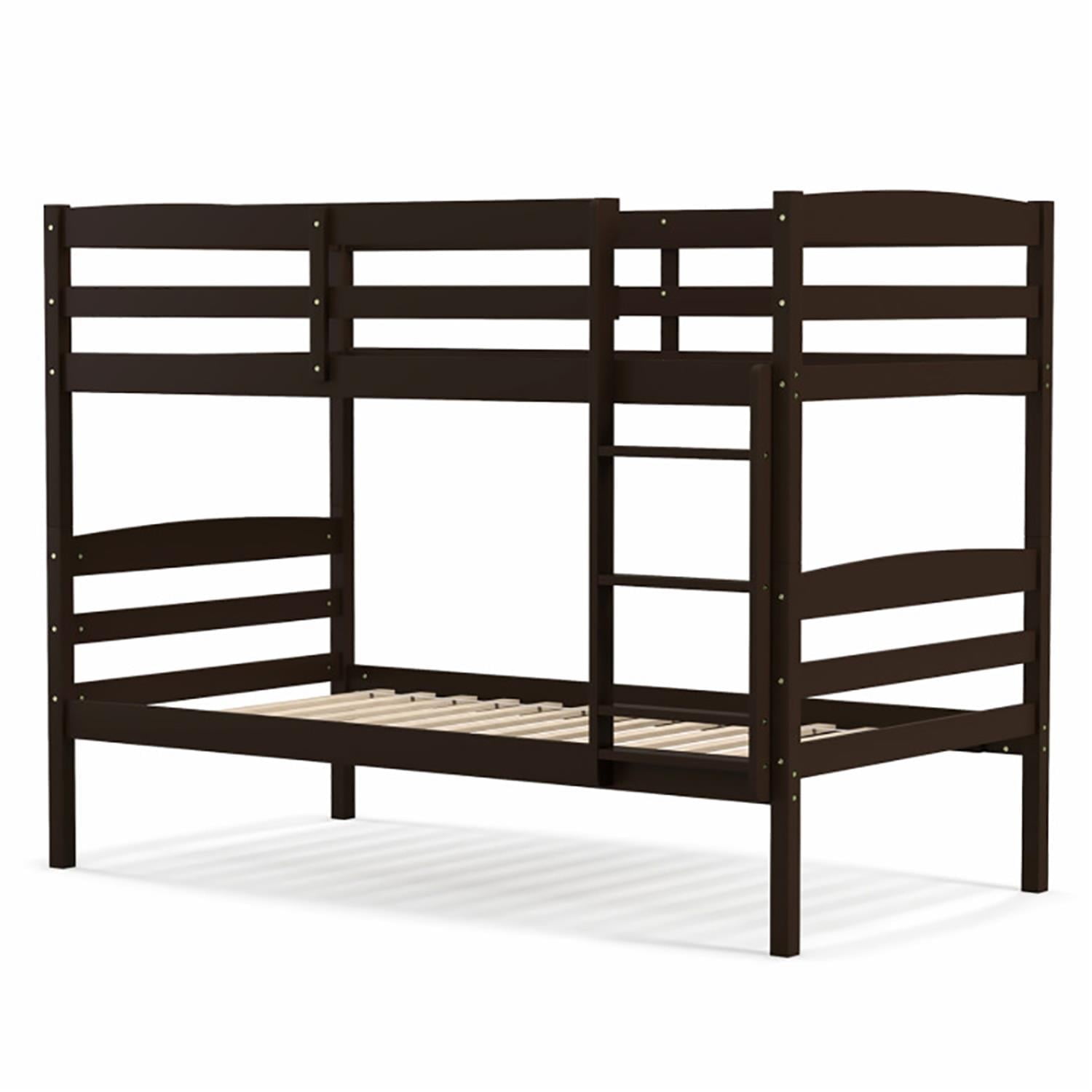 Demi Bonn Solid Wood Twin Over Twin Bunk Bed with High Guardrails and Integrated Ladder, Twin Bunk Beds, Bed Frame, Brown