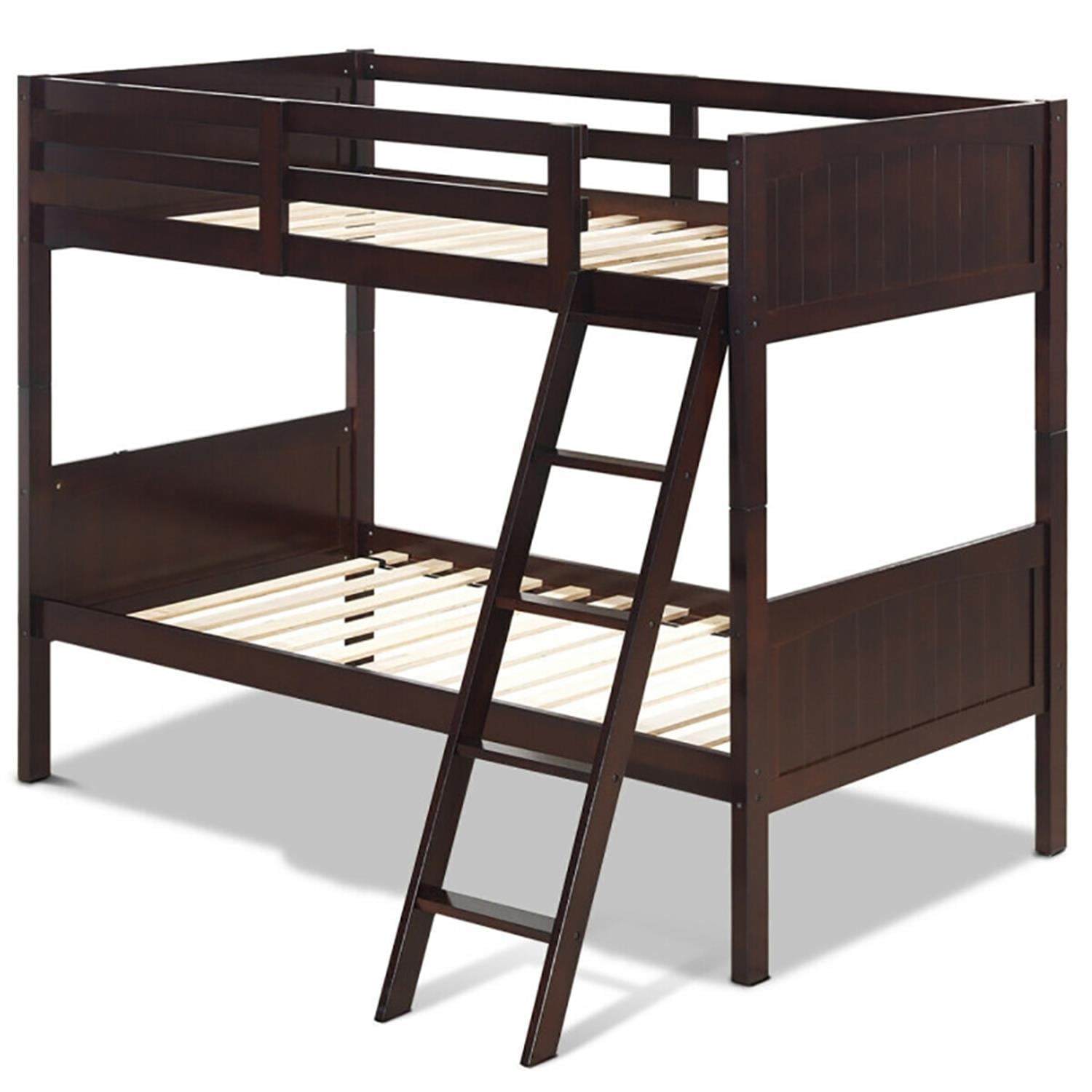 Demi Bonn Solid Wood Twin Over Twin Bunk Bed with Ladder, Twin Bunk Beds, Converts to 2 Individual Twin Beds, Brown