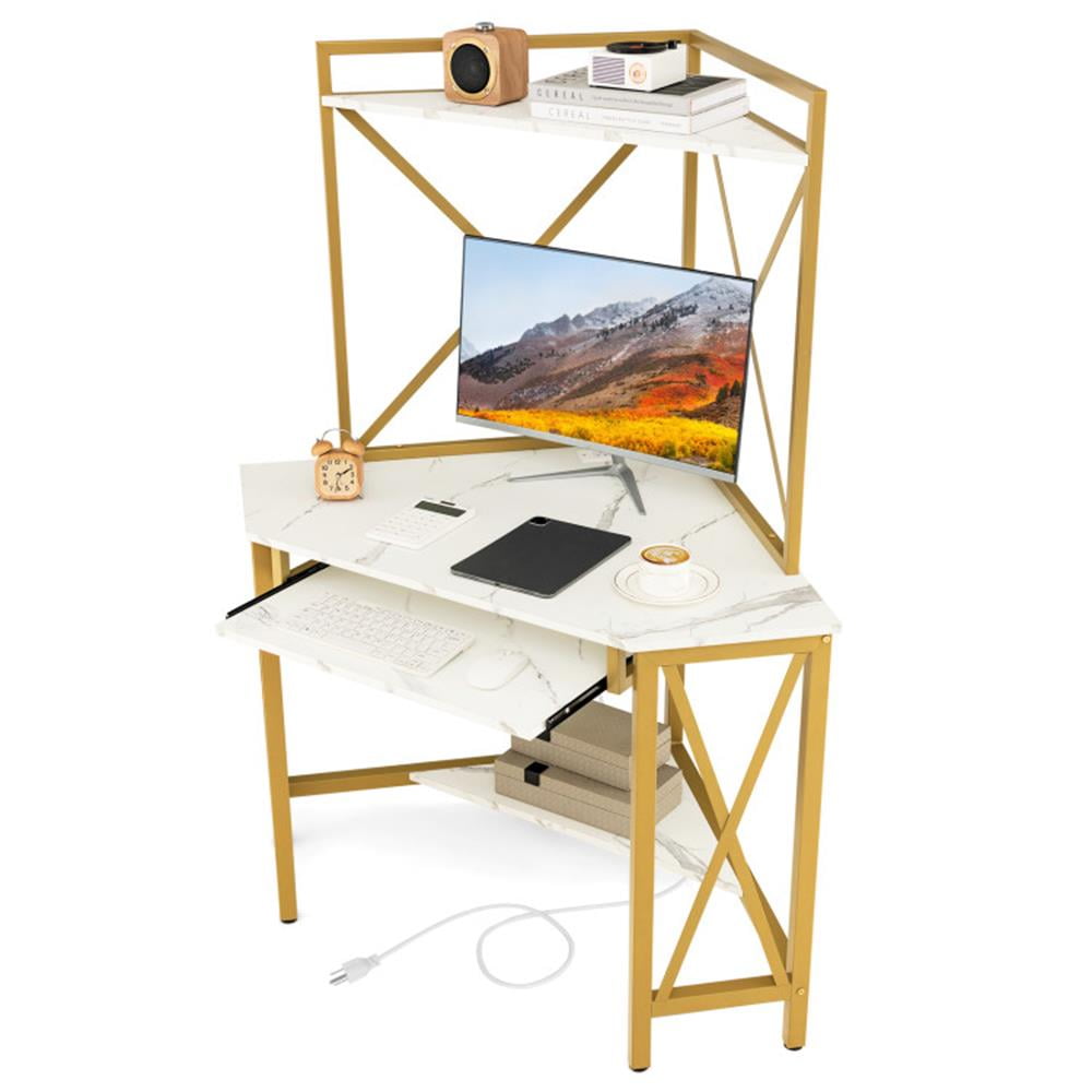 Finihen Space-Saving Corner Computer Desk with with Hutch and Keyboard Tray, Small Home Office Desk Study Writing Table, White