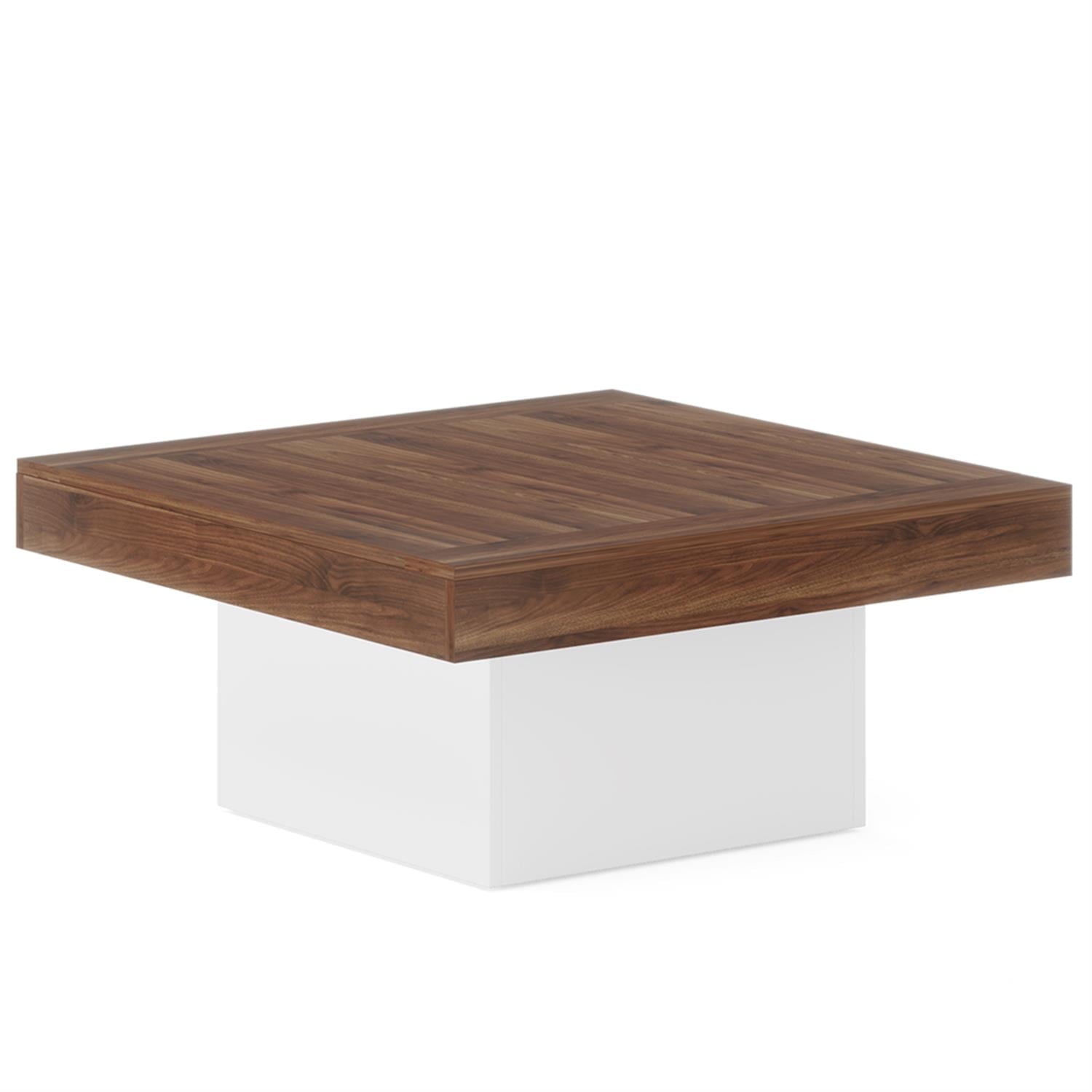 Demi Bonn Square Coffee Table, Farmhouse Wood Cocktail Table with LED Light for Living Room, Brown + White