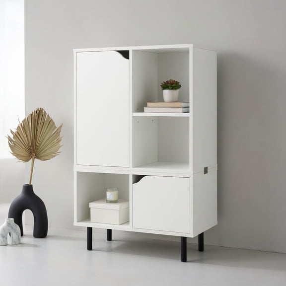 Demi Bonn Stackable Bookcase with Adjustable Shelf and Cubes, Free Standing 6 Cube Storage Cabinet, White