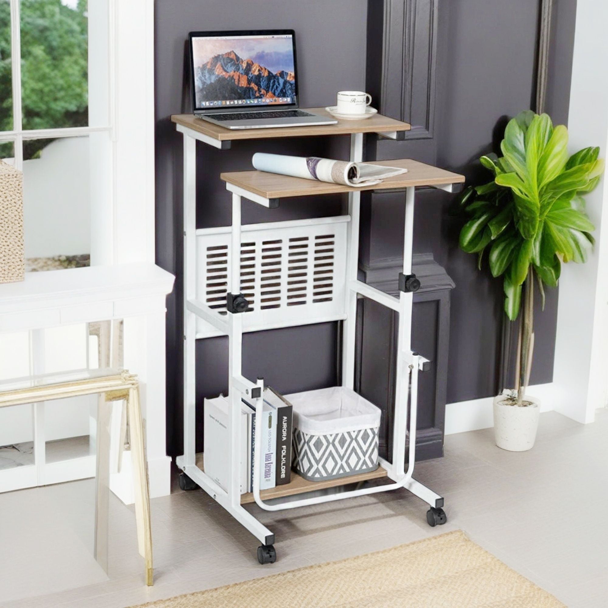 Demi Bonn Standing Desk for Small Space Sit Stand Desk with Height Adjustable Desktop, Laptop Workstation with Wheels, White