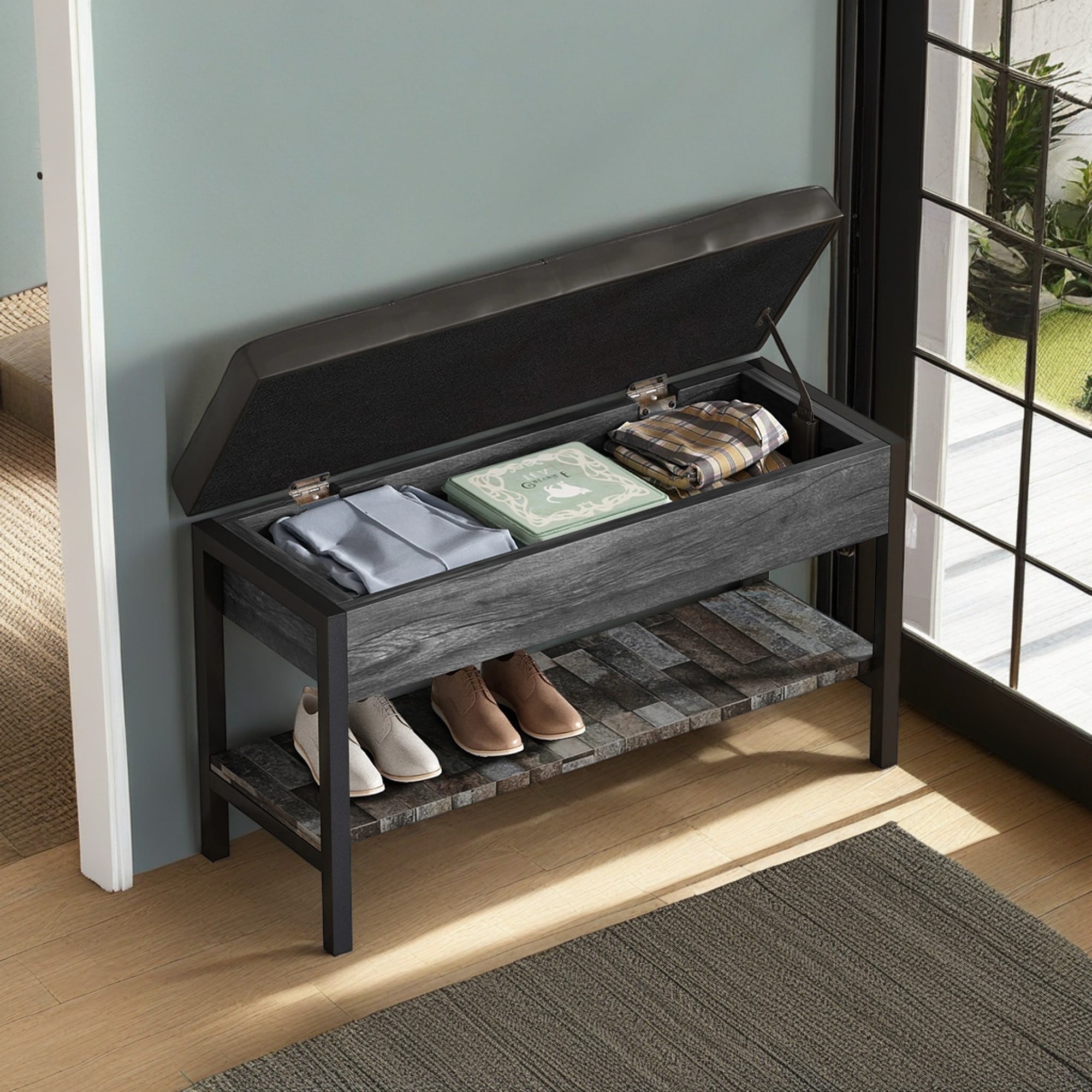 Demi Bonn Storage Bench, Entryway Shoe Bench with Flip-Open Storage Box, End of Bed Ottoman Bench with Storage Shelf and Padded Seat for Bedroom, Hallway, Black
