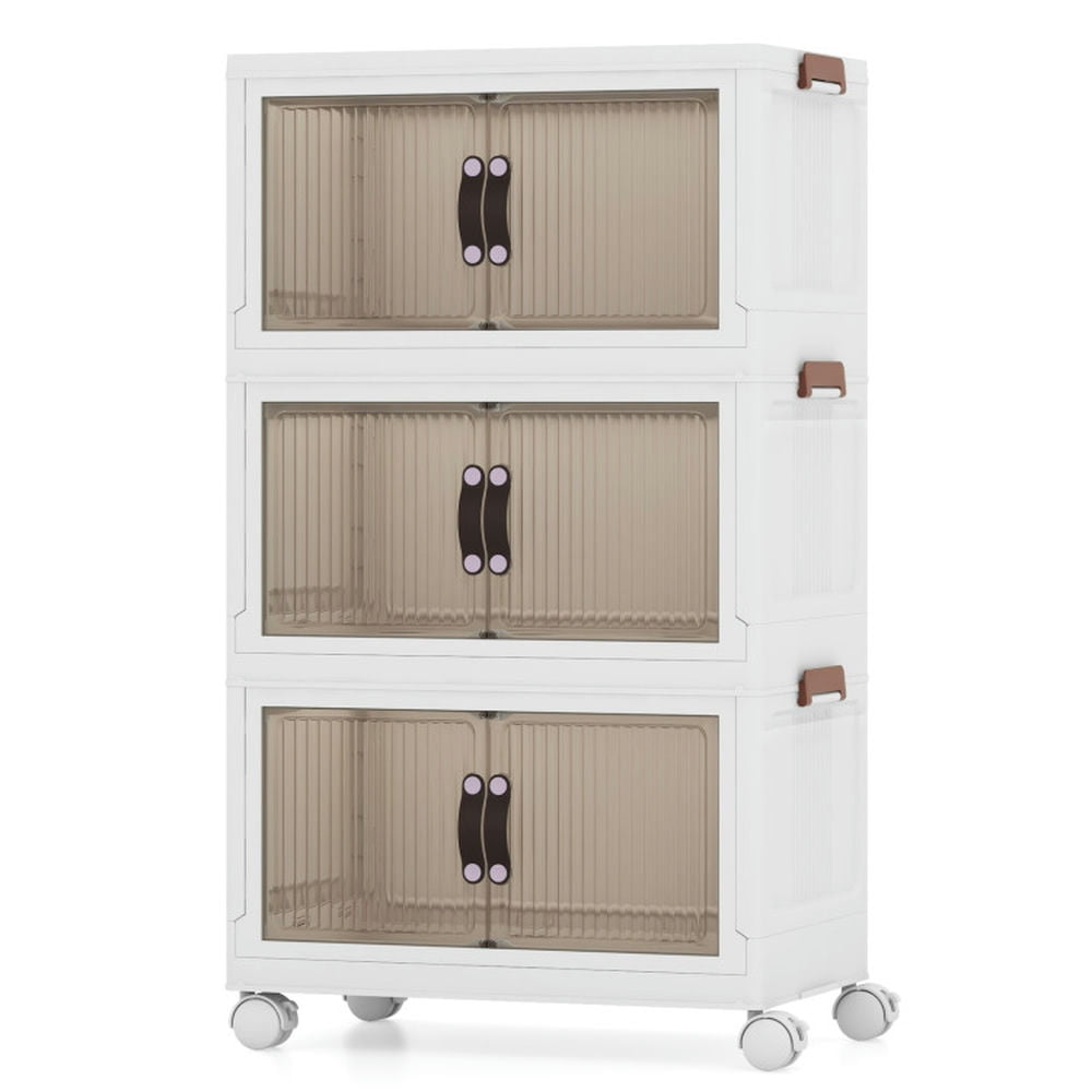 Finihen Storage Bins, 25.5/60 Gal 3-Tier Stackable Storage Boxes Bins with Magnetic Doors and Lockable Casters-M, for Living Room, Bedroom, Entryway, White