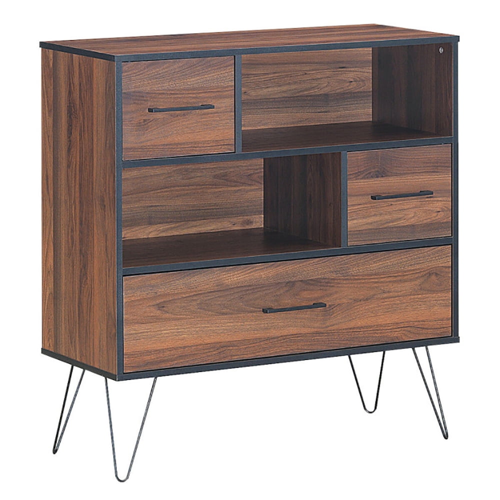 Finihen Storage Cabinet, 3-Tier Wood Storage Cabinet with Drawers and 4 Metal Legs, Cabinet for Living Room, Home, Office, Entryway, Brown