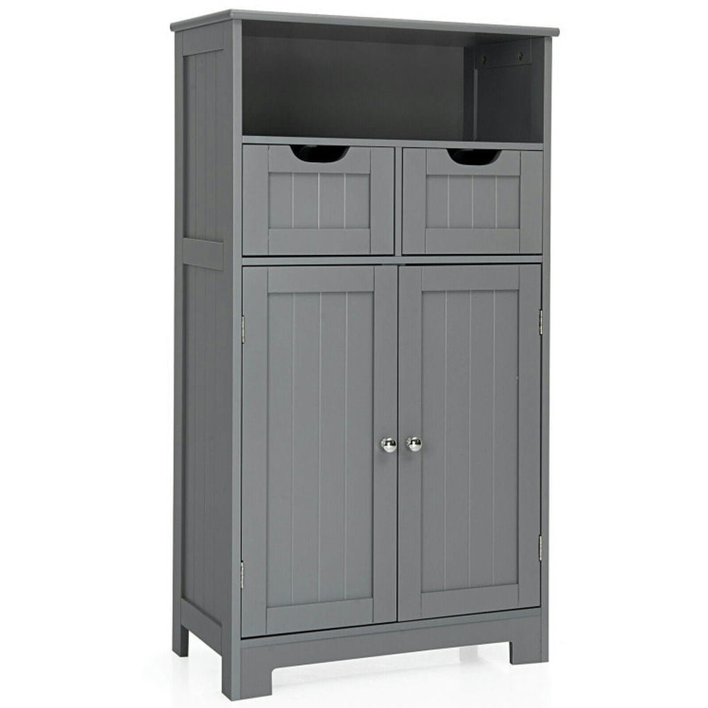 Finihen Storage Cabinet, Bathroom Floor Cabinet, Bathroom Wooden Side Cabinet with 2 Drawers and 2 Doors, for Bathroom, Living Room, Bedroom, Kitchen, Gray