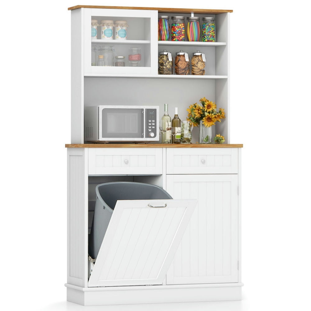 Finihen Storage Cabinet, Buffet Sideboard, Double Tilt Out Trash Cabinet with Hutch and Rubber Wood Countertop, for Dining Room, Kitchen, Bathroom, White