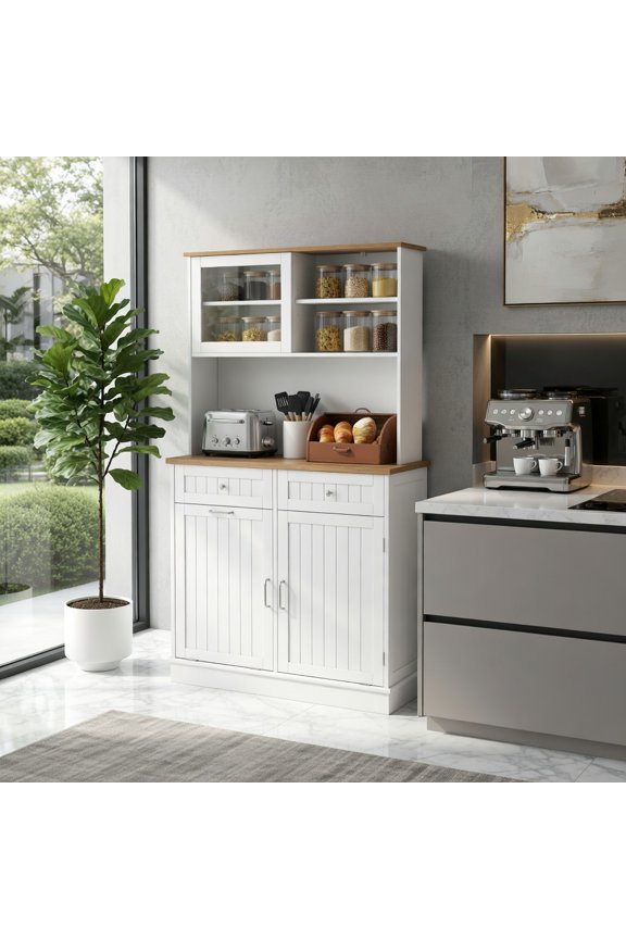Storage Cabinet, Buffet Sideboard, Double Tilt Out Trash Cabinet with Hutch and Rubber Wood Countertop, for Dining Room, Kitchen, Bathroom, White