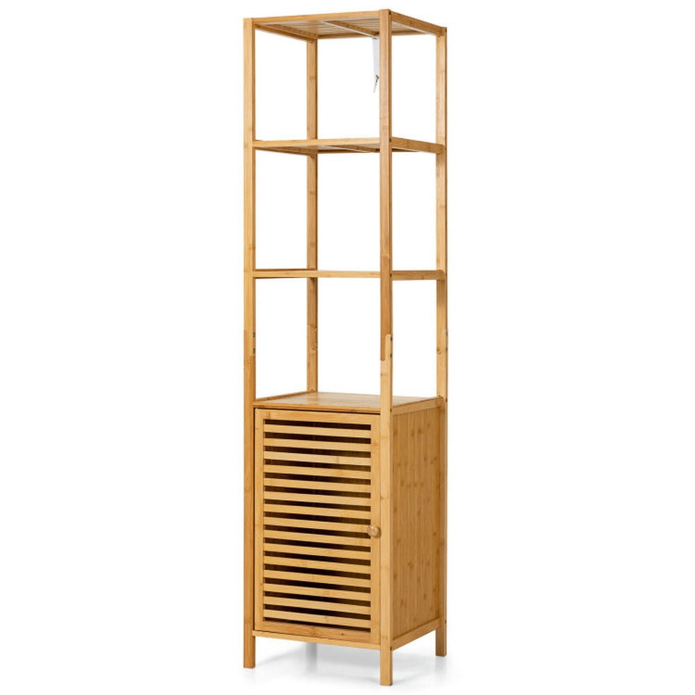 Finihen Storage Cabinet, Floor Cabinet, 4 Tiers Slim Bamboo Floor Storage Cabinet with Shutter Door and Anti-Toppling Device, for Bathroom, Living Room, Bedroom, Kitchen, Natural
