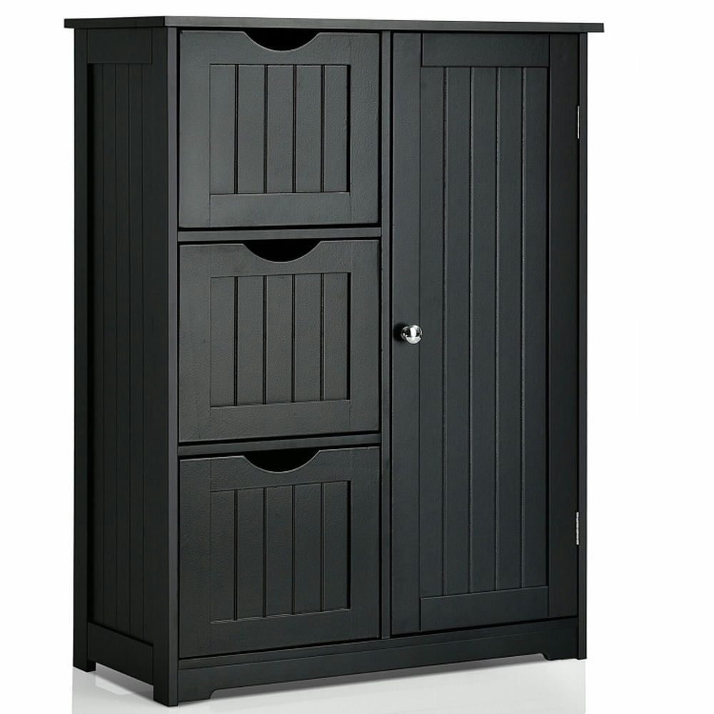 Finihen Storage Cabinet, Floor Cabinet, Bathroom Floor Cabinet Side Storage Cabinet with 3 Drawers and 1 Cupboard, for Bathroom, Living Room, Bedroom, Kitchen, Black
