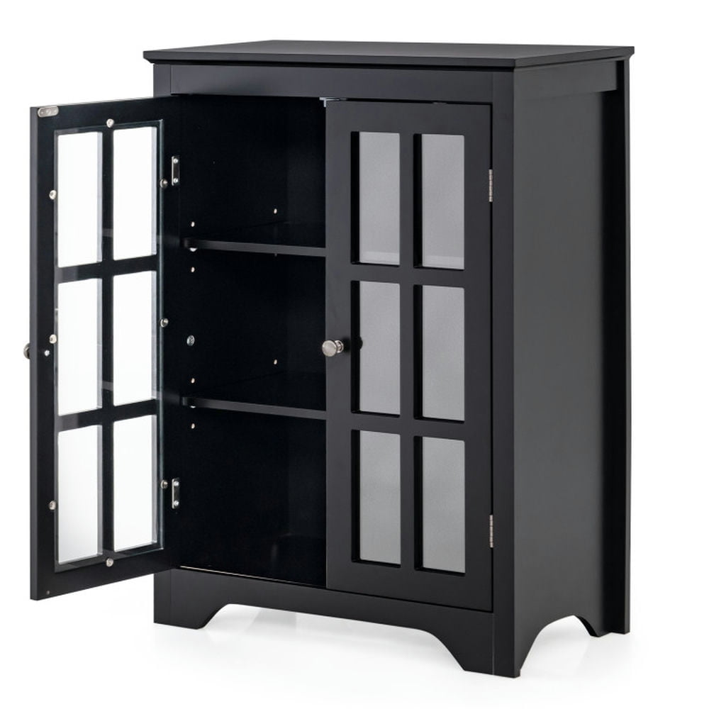 Finihen Storage Cabinet, Floor Cabinet, Freestanding Display Storage Cabinet with 2 Glass Doors and Adjustable Shelves, for Bathroom, Living Room, Bedroom, Kitchen, Black