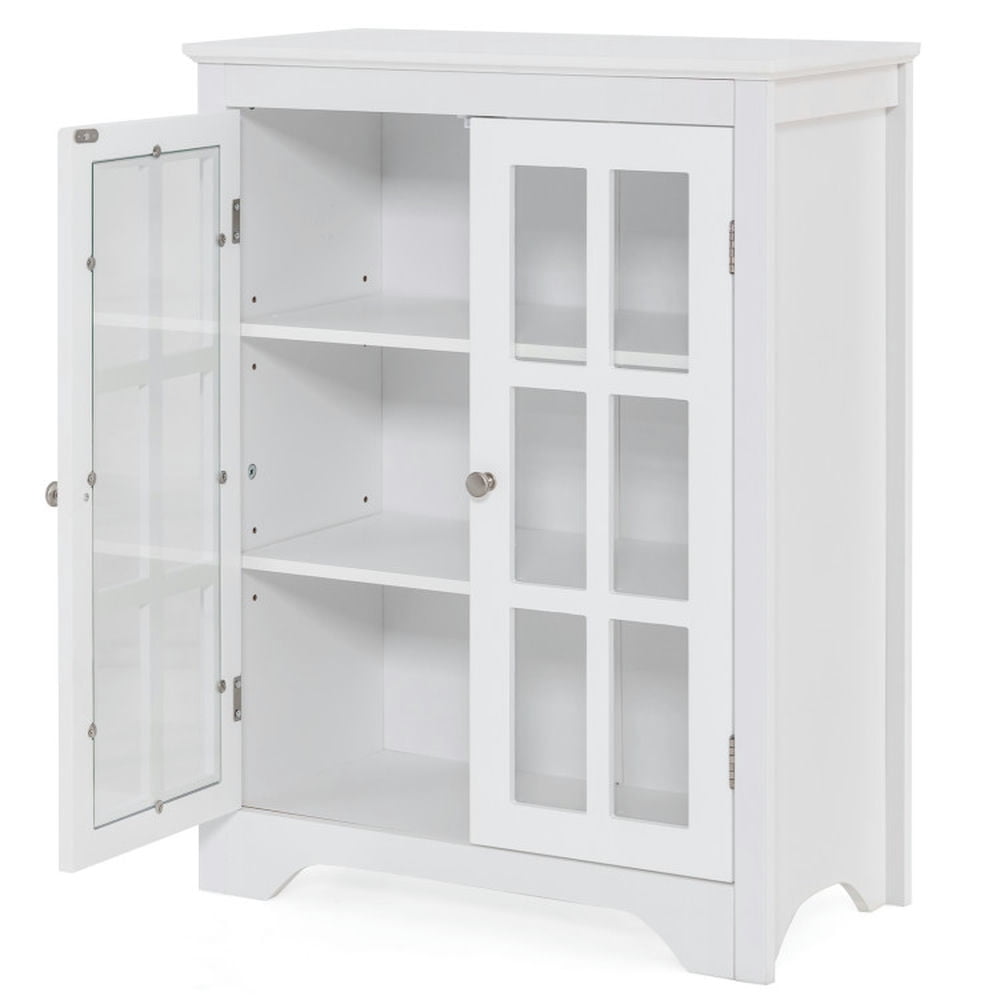 Finihen Storage Cabinet, Floor Cabinet, Freestanding Display Storage Cabinet with 2 Glass Doors and Adjustable Shelves, for Bathroom, Living Room, Bedroom, Kitchen, White
